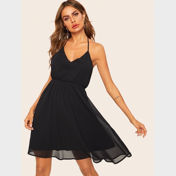 Backless Fit and Flared Black Cocktail Dress - Picture 4 of 8